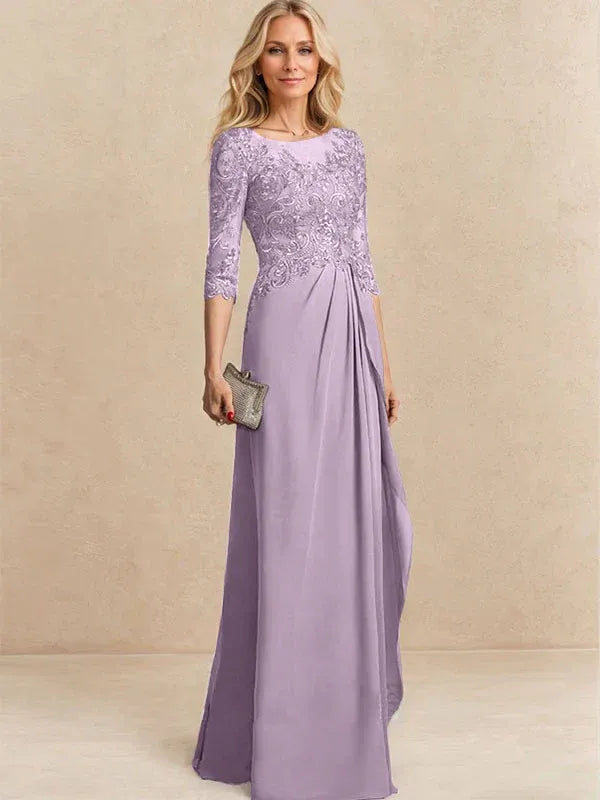 Robe de mère de la mariée trapèze en mousseline de soie et dentelle, longueur au sol, avec perles, paillettes et volants en cascade 