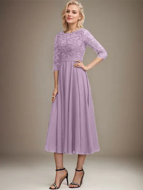 A-line Scoop Tea-Length Lace Chiffon Mother of the Bride Dress With Sequins