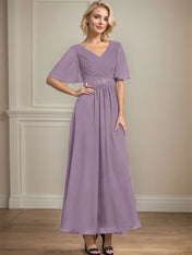 A-line V-Neck Ankle-Length Chiffon Mother of the Bride Dress With Pleated Beading Sequins