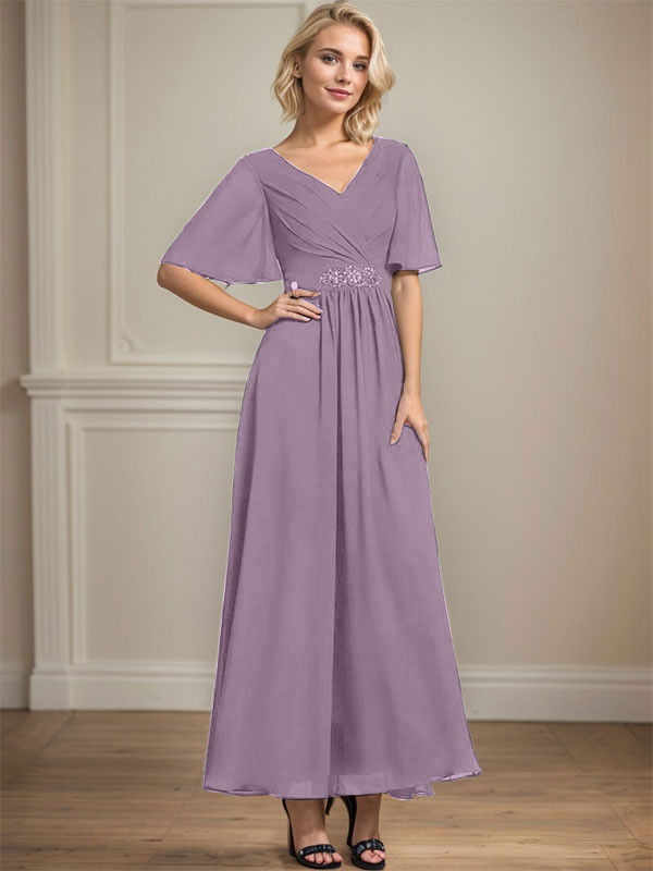 A-line V-Neck Ankle-Length Chiffon Mother of the Bride Dress With Pleated Beading Sequins
