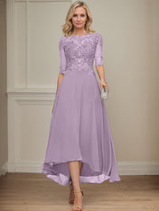 A-line Boat Neck Illusion Asymmetrical Chiffon Lace Mother of the Bride Dress With Sequins Beading