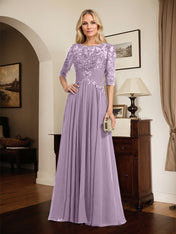 A-line Scoop Illusion Floor-Length Chiffon Lace Mother of the Bride Dress With Pleated Sequins