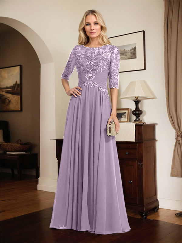 A-line Scoop Illusion Floor-Length Chiffon Lace Mother of the Bride Dress With Pleated Sequins
