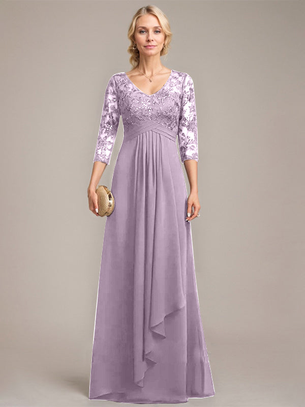 A-line V-Neck Floor-Length Lace Chiffon Mother of the Bride Dress With Cascading Ruffles Sequins
