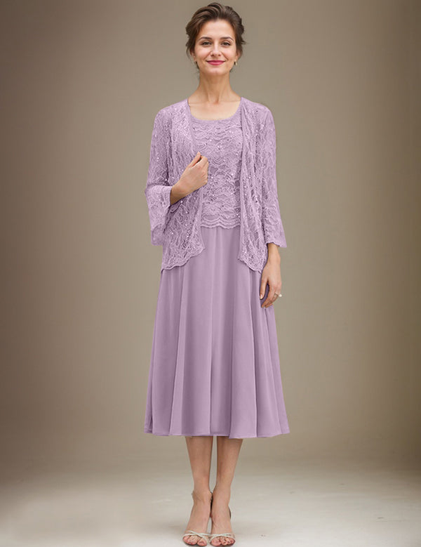 A-line Scoop Tea-Length Lace Chiffon Mother of the Bride Dress With Sequins