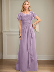 A-line Asymmetrical Illusion Floor-Length Lace Chiffon Mother of the Bride Dress With Cascading Ruffles Sequins