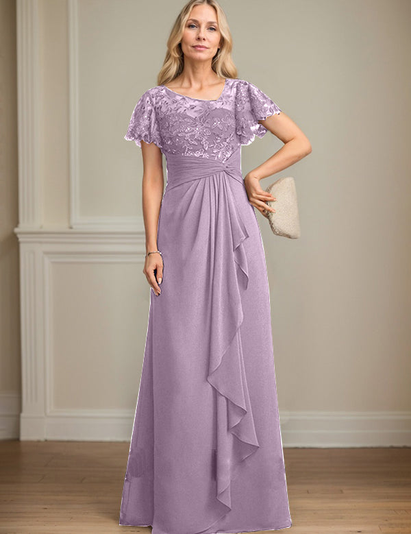 A-line Asymmetrical Illusion Floor-Length Lace Chiffon Mother of the Bride Dress With Cascading Ruffles Sequins