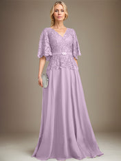 A-line V-Neck Floor-Length Chiffon Lace Mother of the Bride Dress With Crystal Brooch Rhinestone