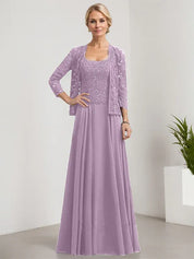 Robe de mère de la mariée trapèze carrée, longueur au sol, en mousseline de soie et dentelle, avec paillettes 