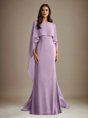 Robe de mère de la mariée en mousseline, coupe fourreau/colonne, col bateau, longueur ras du sol, avec volants en cascade 