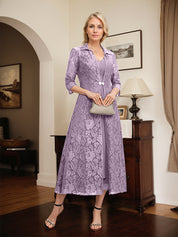 Robe de mère de la mariée en mousseline de soie, coupe trapèze, col en V et longueur thé 