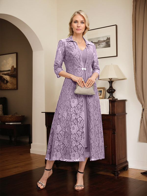 A-line V-Neck Tea-Length Chiffon Mother of the Bride Dress