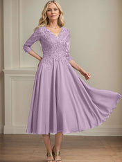 A-line V-Neck Tea-Length Chiffon Lace Mother of the Bride Dress With Beading Sequins