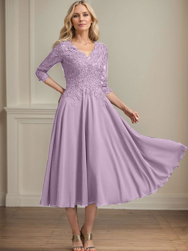 A-line V-Neck Tea-Length Chiffon Lace Mother of the Bride Dress With Beading Sequins