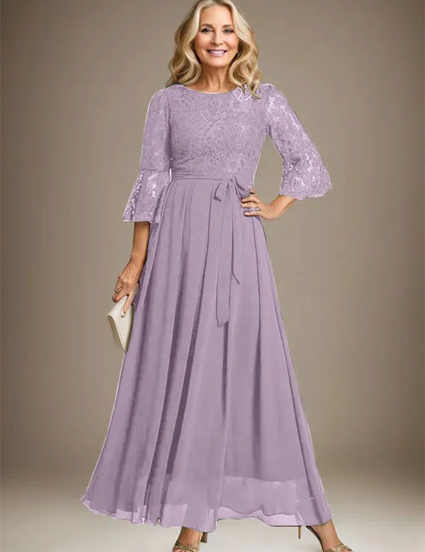 A-line Scoop Ankle-Length Lace Chiffon Mother of the Bride Dress With Bow