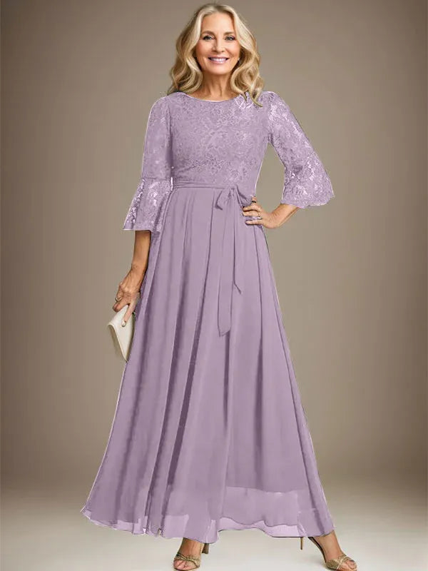 Robe de mère de la mariée trapèze en mousseline de soie et dentelle, longueur cheville, avec nœud