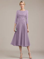 A-line Scoop Tea-Length Lace Chiffon Mother of the Bride Dress