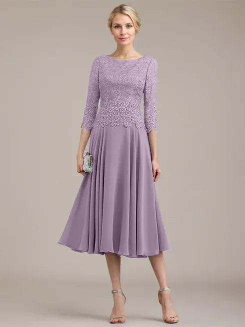 A-line Scoop Tea-Length Lace Chiffon Mother of the Bride Dress