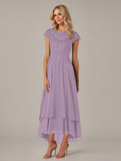 A-line Boat Neck Illusion Asymmetrical Chiffon Lace Mother of the Bride Dress With Applique Pleats