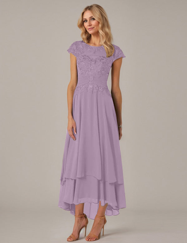 A-line Boat Neck Illusion Asymmetrical Chiffon Lace Mother of the Bride Dress With Applique Pleats