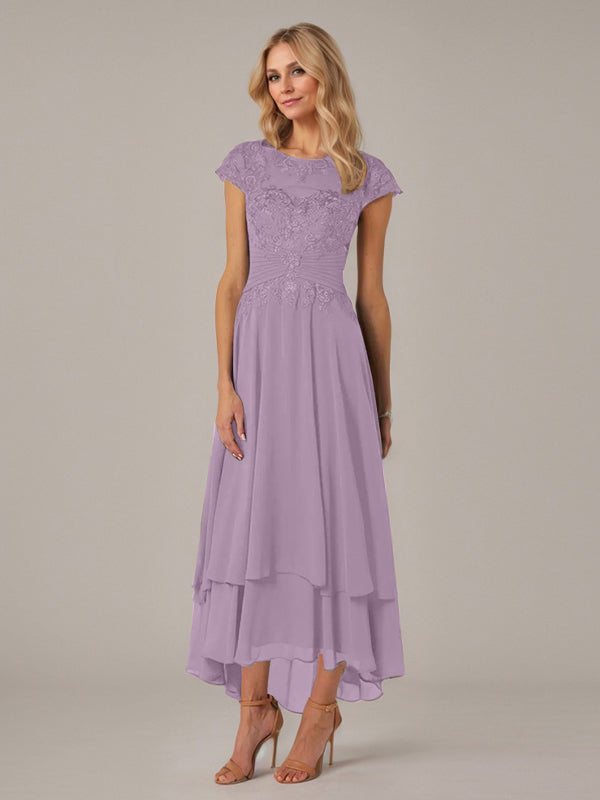 A-line Boat Neck Illusion Asymmetrical Chiffon Lace Mother of the Bride Dress With Applique Pleats
