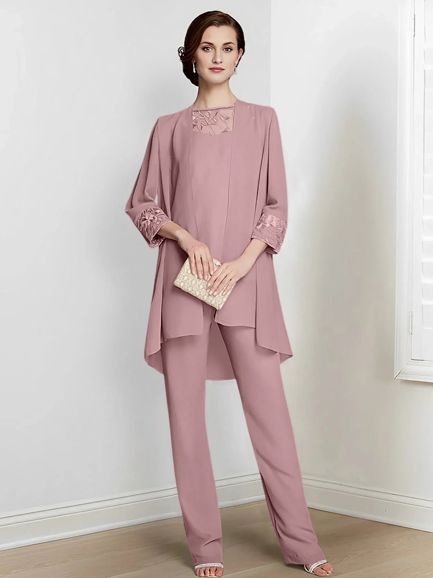 Tailleur-pantalon en mousseline à manches longues pour mère de la mariée avec veste 