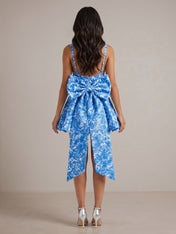 Mediterranean Blue Toile Square Neck Homecoming Mini Dress with Trailing Bow