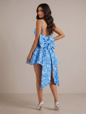 Mediterranean Blue Toile Square Neck Homecoming Mini Dress with Trailing Bow