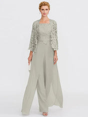 3 Piece Chiffon Square Neck Mother of the Bride Pantsuits with Jacket