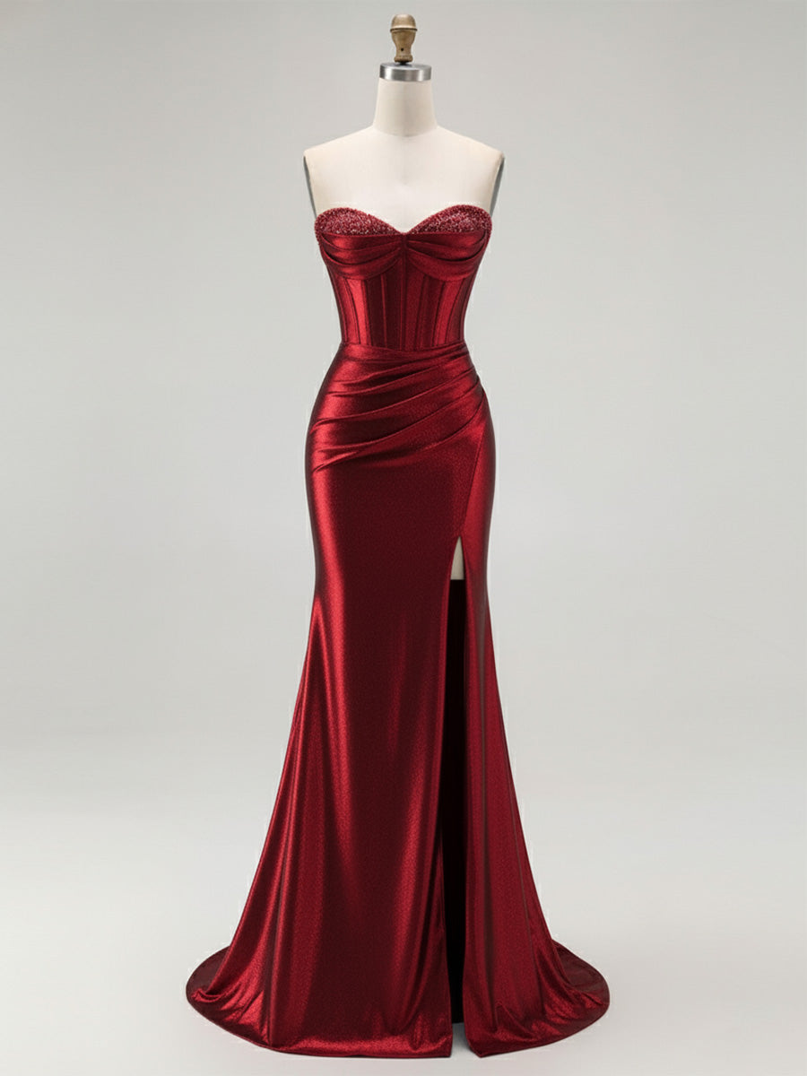 Mermaid Corset Ruched Long Prom Dress with Slit