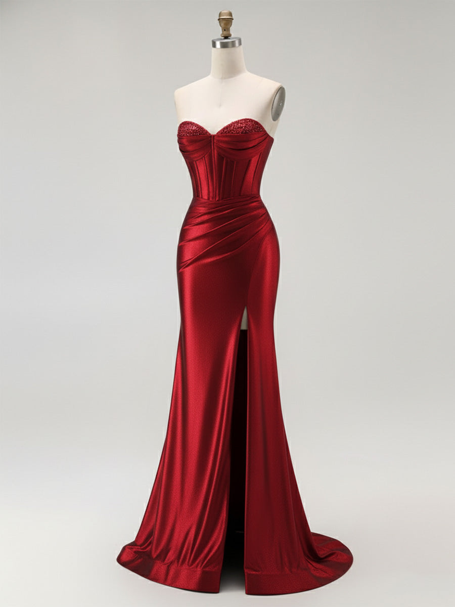 Mermaid Corset Ruched Long Prom Dress with Slit