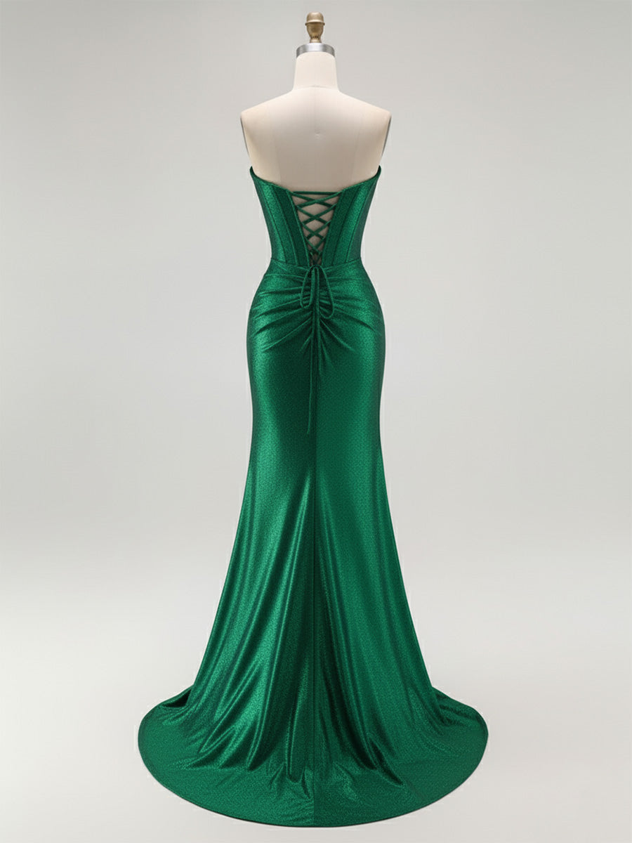 Mermaid Corset Ruched Long Prom Dress with Slit