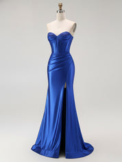 Mermaid Corset Ruched Long Prom Dress with Slit