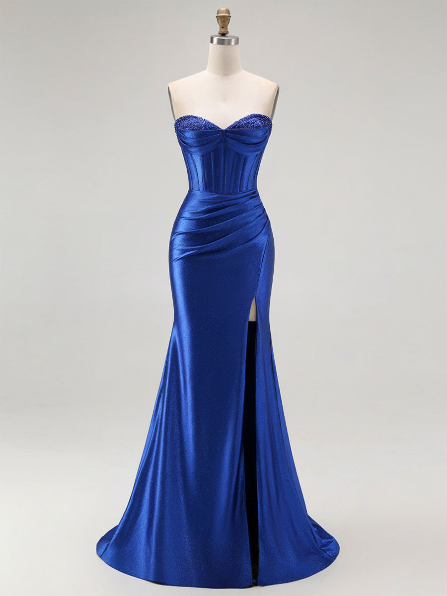 Mermaid Corset Ruched Long Prom Dress with Slit