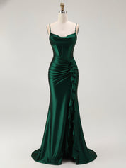 Mermaid Corset Spaghetti Straps Long Prom Dress with Slit