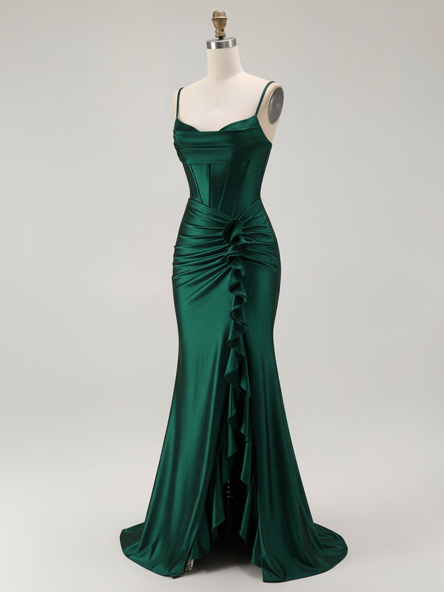 Mermaid Corset Spaghetti Straps Long Prom Dress with Slit