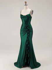 Mermaid Corset Spaghetti Straps Long Prom Dress with Slit