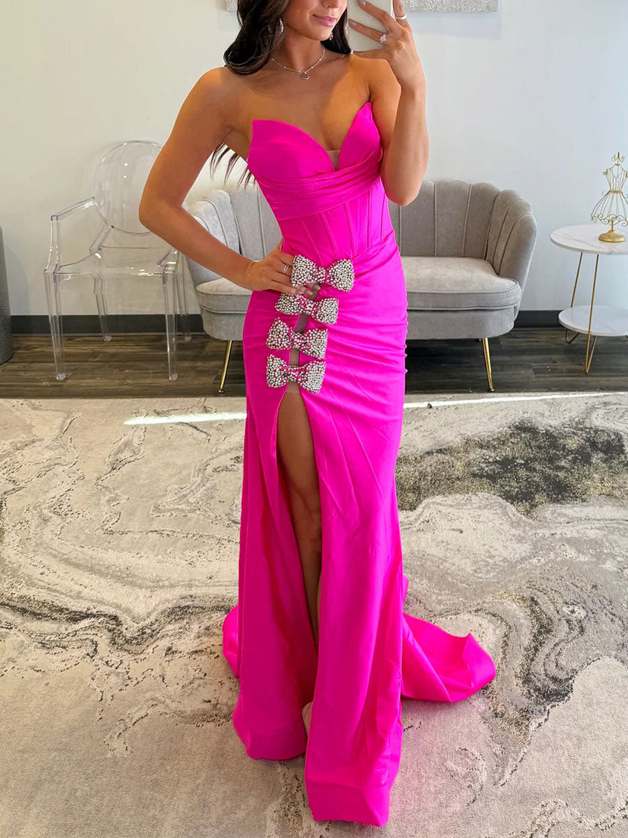 Mermaid Crystal Bows Bodice Long Prom Dress with Slit