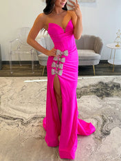 Mermaid Crystal Bows Bodice Long Prom Dress with Slit