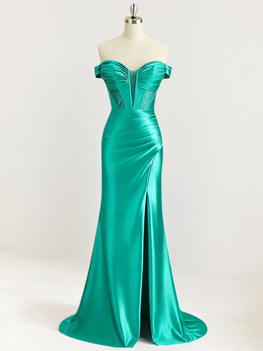 Mermaid Off The Shoulder Sequin Long Prom Dress with Slit