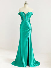 Mermaid Off The Shoulder Sequin Long Prom Dress with Slit
