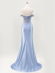 Mermaid Off The Shoulder Sequins Beaded Prom Dress with Slit
