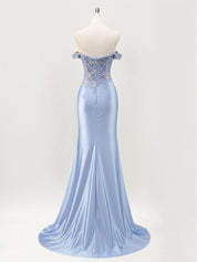 Mermaid Off The Shoulder Sequins Beaded Prom Dress with Slit