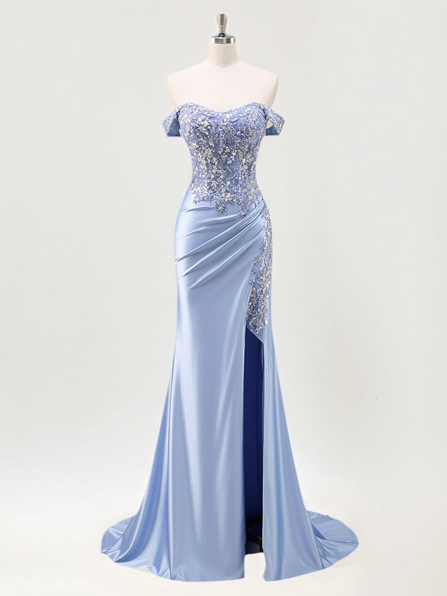 Mermaid Off The Shoulder Sequins Beaded Prom Dress with Slit