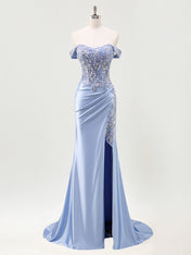Mermaid Off The Shoulder Sequins Beaded Prom Dress with Slit