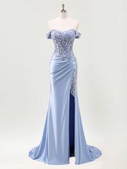 Mermaid Off The Shoulder Sequins Beaded Prom Dress with Slit