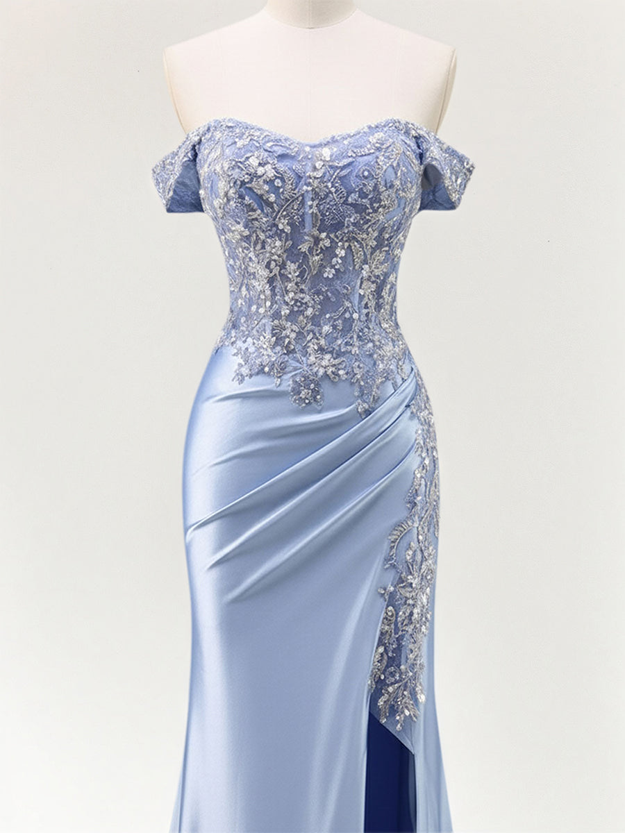 Mermaid Off The Shoulder Sequins Beaded Prom Dress with Slit