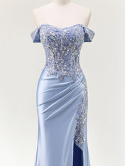Mermaid Off The Shoulder Sequins Beaded Prom Dress with Slit