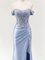 Mermaid Off The Shoulder Sequins Beaded Prom Dress with Slit