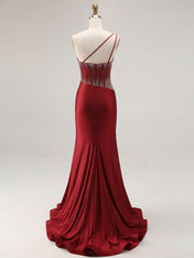 Mermaid One Shoulder Corset Long Prom Dress With Beading